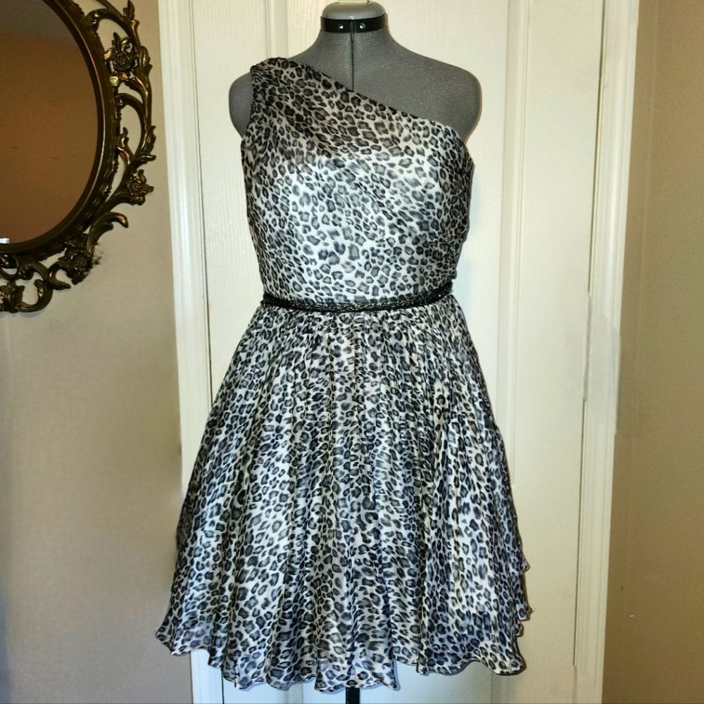 ABS Allen Schwartz one-shoulder leopard print cocktail dress with tulle NWT